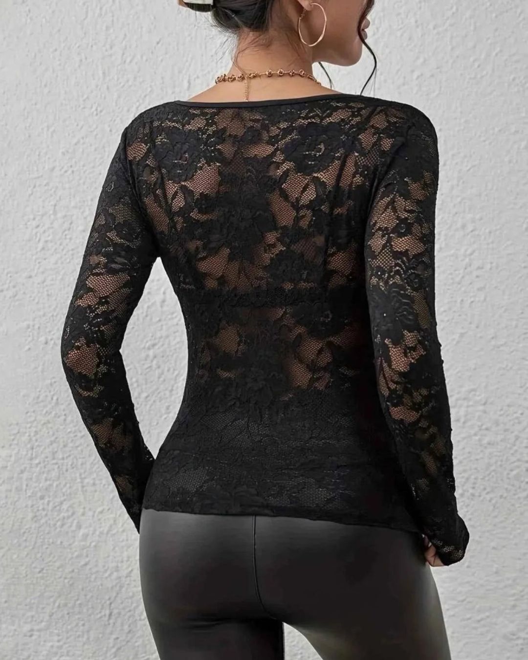 Women's Long Sleeve Sheer Floral Open-Weave Top with V-Neckline and Scalloped Edge Trim