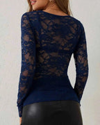 Women's Long Sleeve Sheer Floral Open-Weave Top with V-Neckline and Scalloped Edge Trim