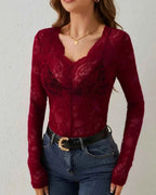 Women's Long Sleeve Sheer Floral Open-Weave Top with V-Neckline and Scalloped Edge Trim