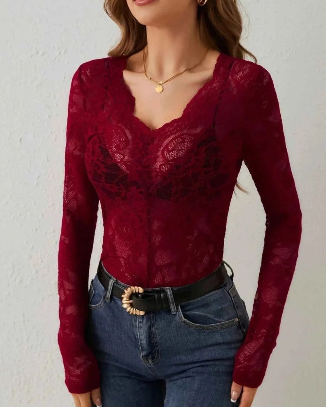 Women's Long Sleeve Sheer Floral Open-Weave Top with V-Neckline and Scalloped Edge Trim