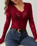 Women's Long Sleeve Sheer Floral Open-Weave Top with V-Neckline and Scalloped Edge Trim