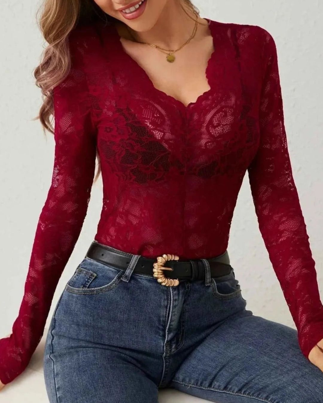 Women's Long Sleeve Sheer Floral Open-Weave Top with V-Neckline and Scalloped Edge Trim