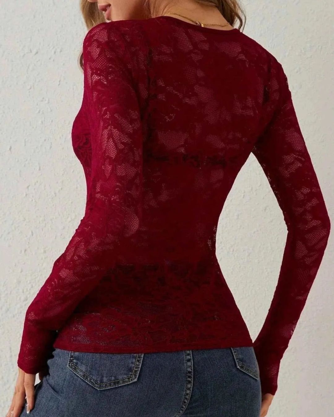 Women's Long Sleeve Sheer Floral Open-Weave Top with V-Neckline and Scalloped Edge Trim