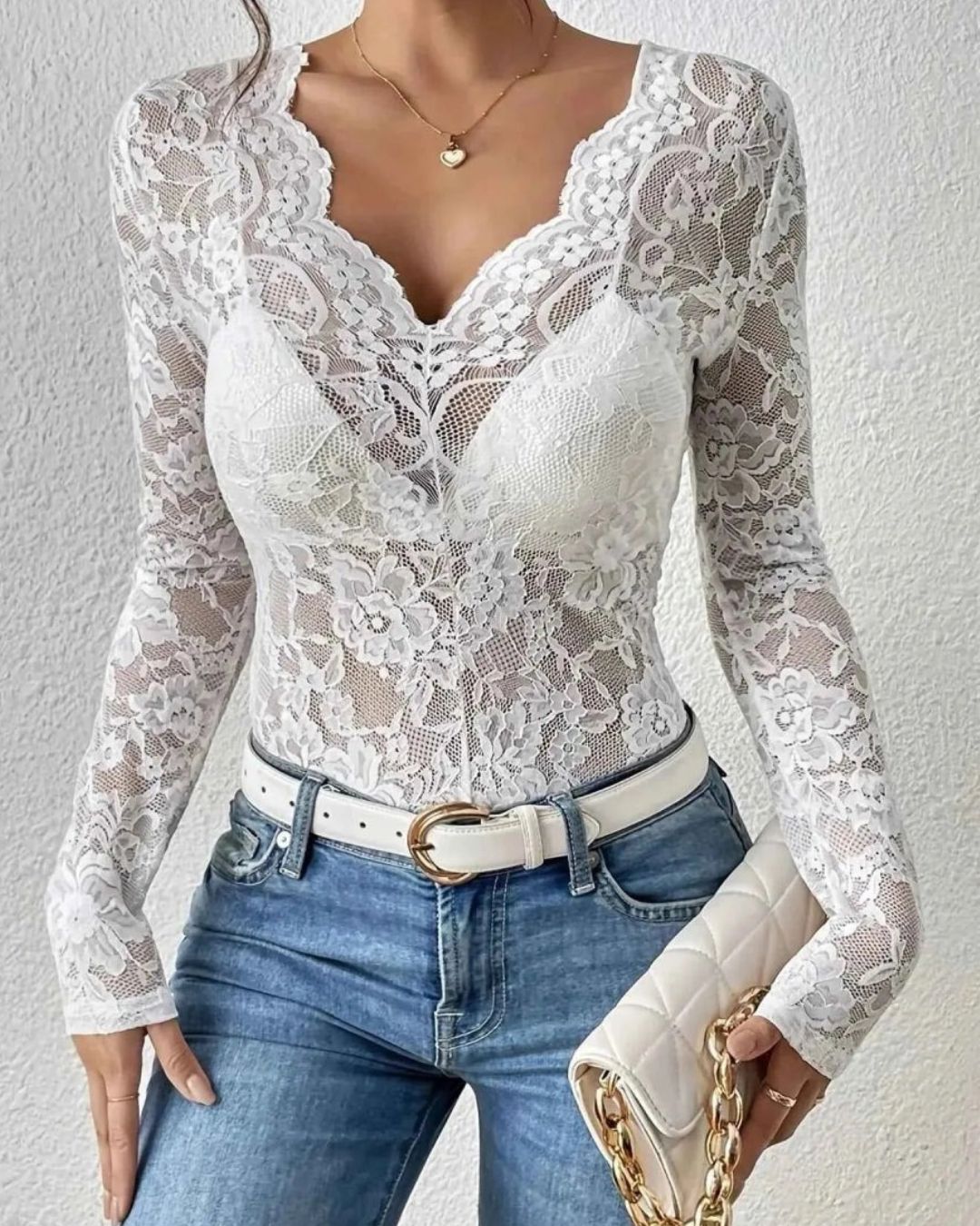 Women's Long Sleeve Sheer Floral Open-Weave Top with V-Neckline and Scalloped Edge Trim