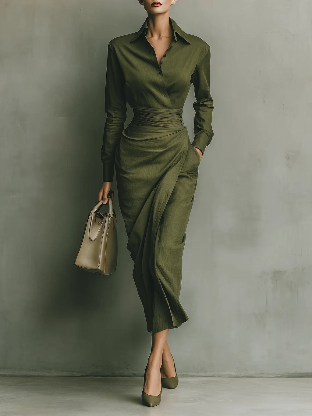 Women's Long Sleeve Shirt Midi Dress with Ruched Waist