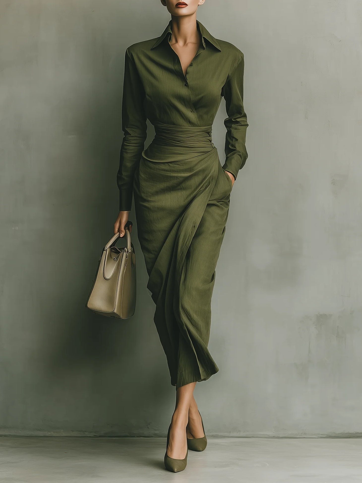 Women's Long Sleeve Shirt Midi Dress with Ruched Waist
