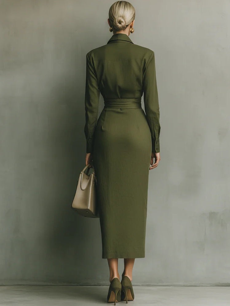 Women's Long Sleeve Shirt Midi Dress with Ruched Waist