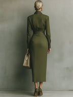 Women's Long Sleeve Shirt Midi Dress with Ruched Waist