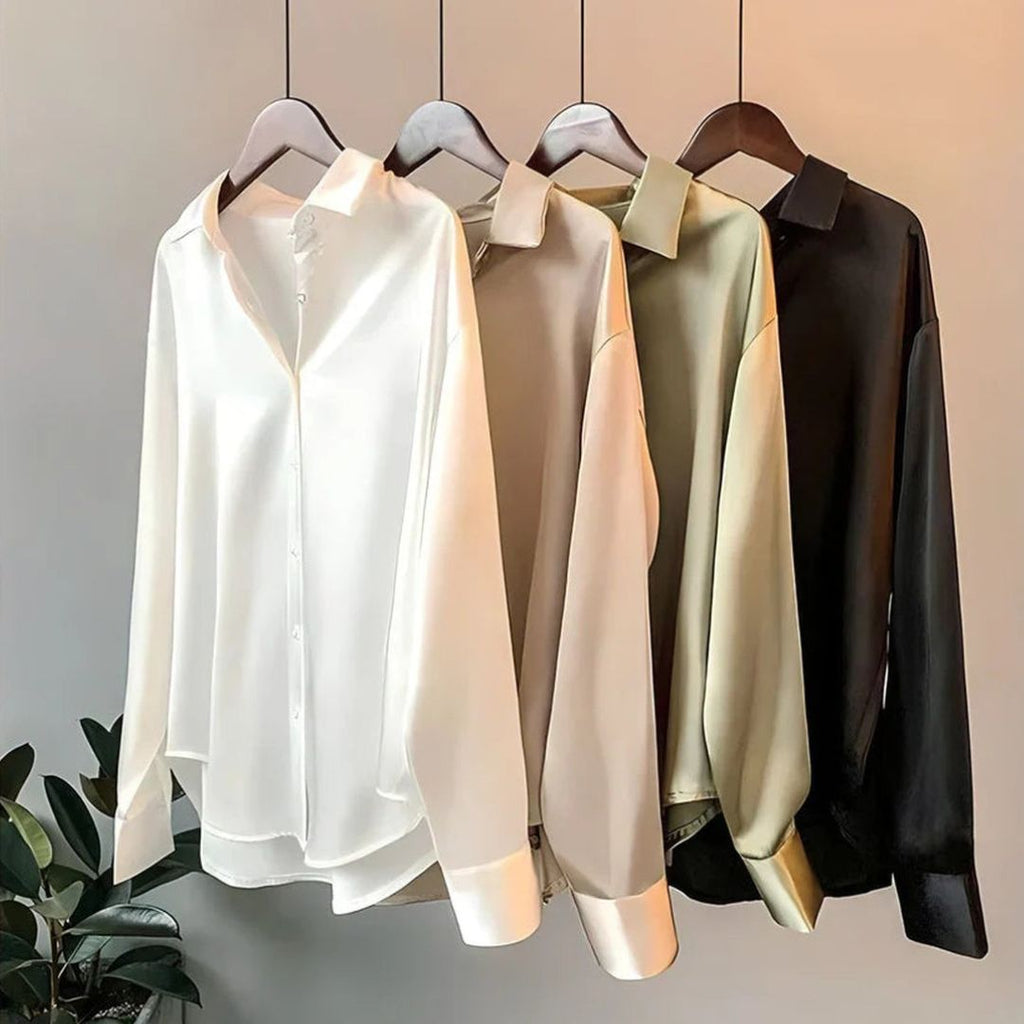Women's Long Sleeve Shirt with Point Collar and Button Front Placket