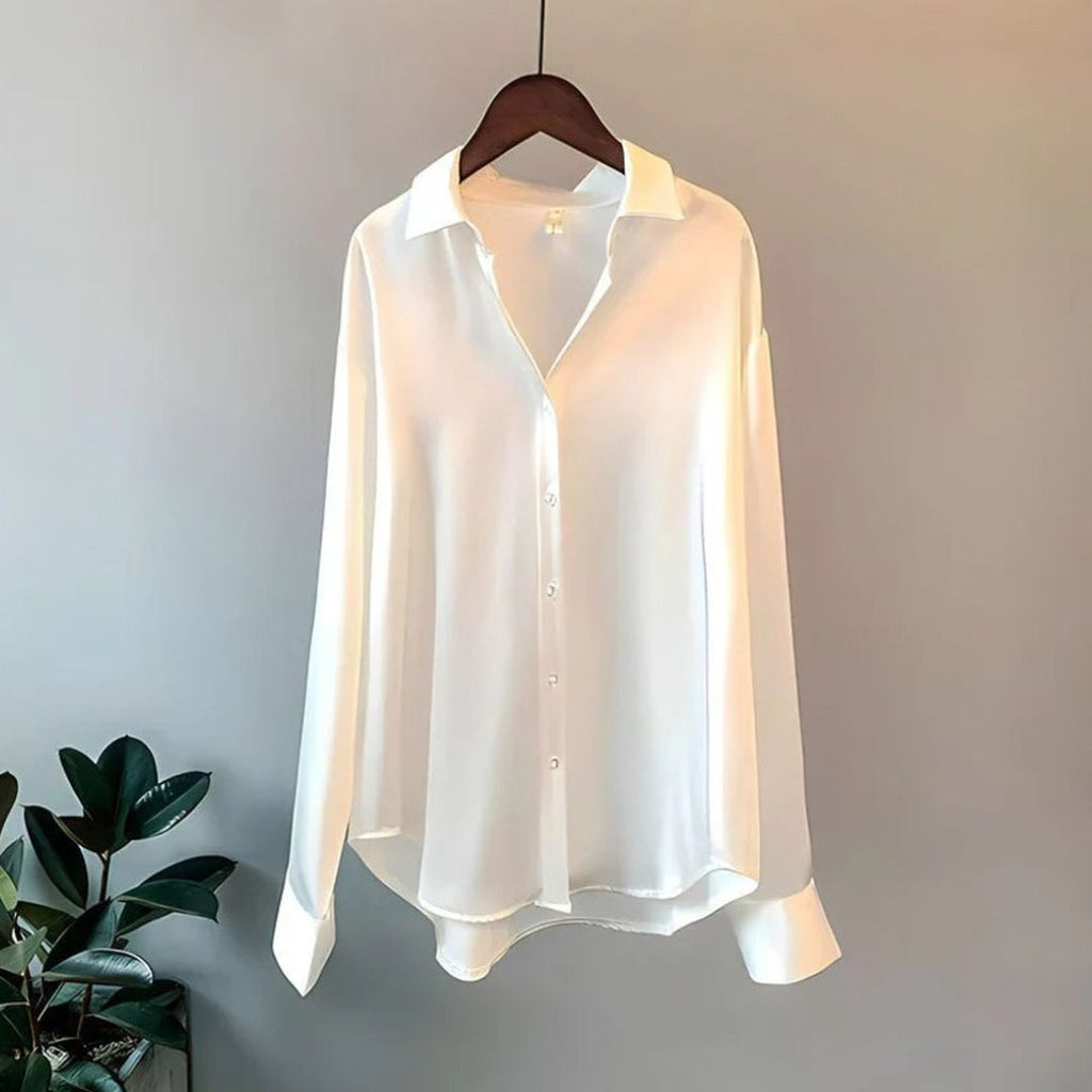 Women's Long Sleeve Shirt with Point Collar and Button Front Placket