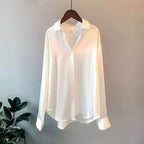 Women's Long Sleeve Shirt with Point Collar and Button Front Placket