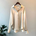 Women's Long Sleeve Shirt with Point Collar and Button Front Placket