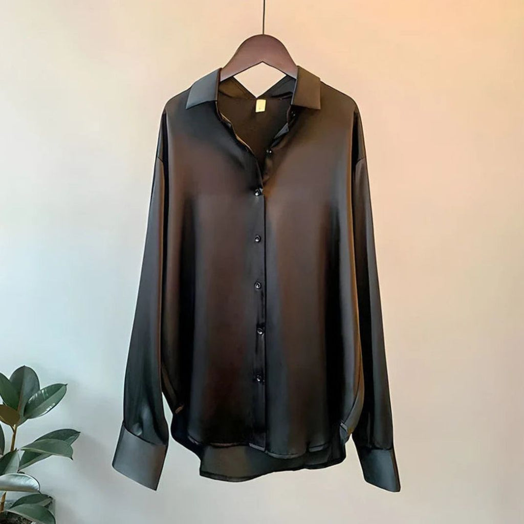 Women's Long Sleeve Shirt with Point Collar and Button Front Placket