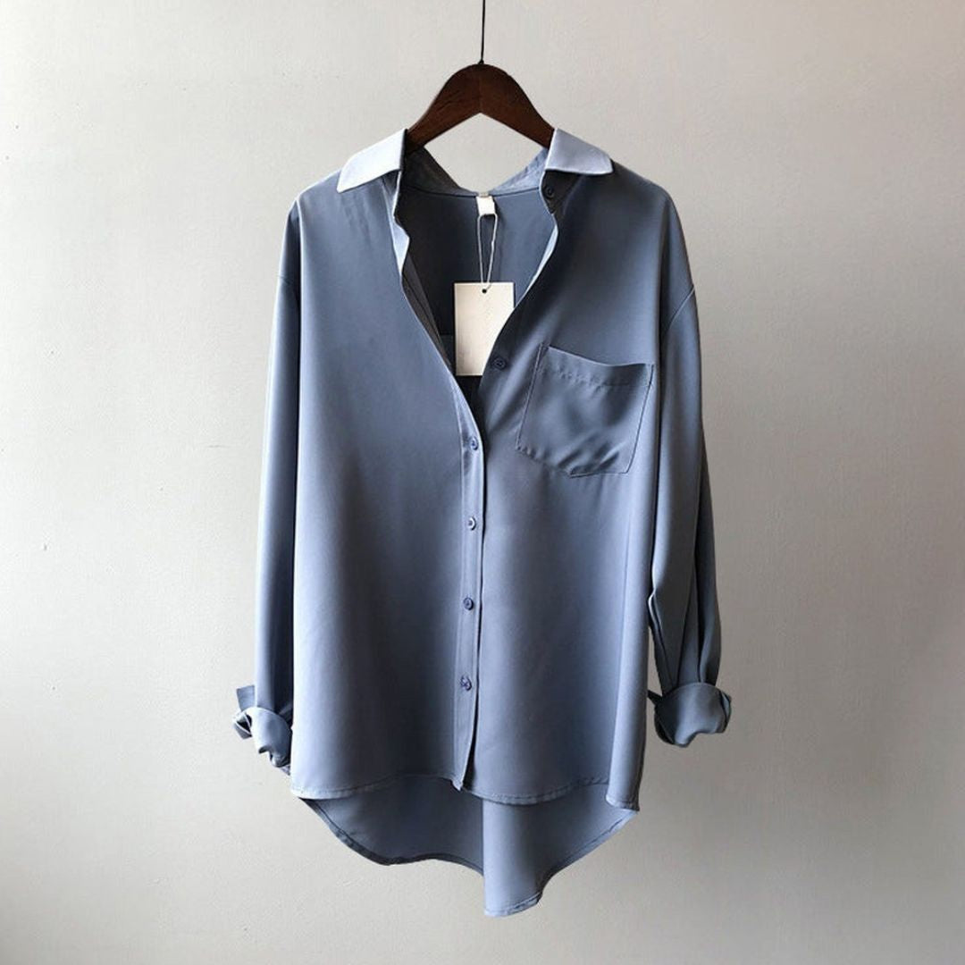 Women's Long Sleeve Shirt with Point Collar and Single Chest Pocket