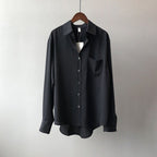 Women's Long Sleeve Shirt with Point Collar and Single Chest Pocket