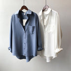 Women's Long Sleeve Shirt with Point Collar and Single Chest Pocket