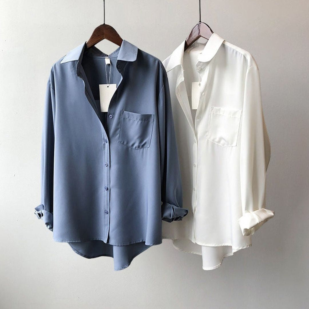 Women's Long Sleeve Shirt with Point Collar and Single Chest Pocket