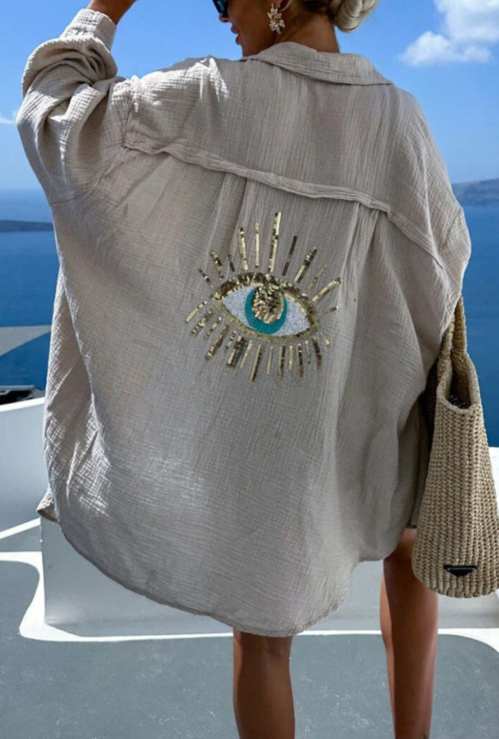 Women's Long Sleeve Shirt with Sequin Eye Motif on Back and Structured Collar