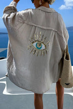Women's Long Sleeve Shirt with Sequin Eye Motif on Back and Structured Collar