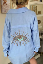 Women's Long Sleeve Shirt with Sequin Eye Motif on Back and Structured Collar
