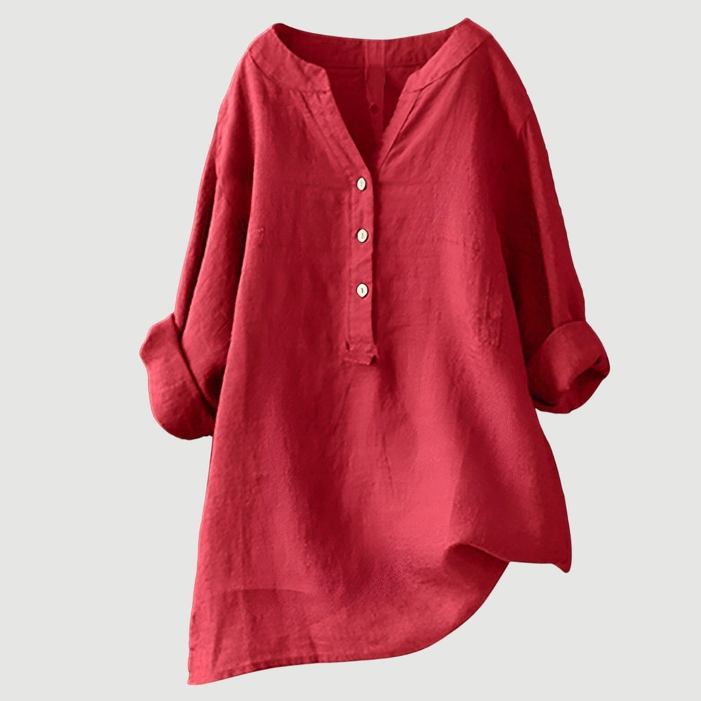 Women's Long Sleeve Shirt with V-Neckline and Partial Button Placket and Rolled Cuffs and High-Low Hem
