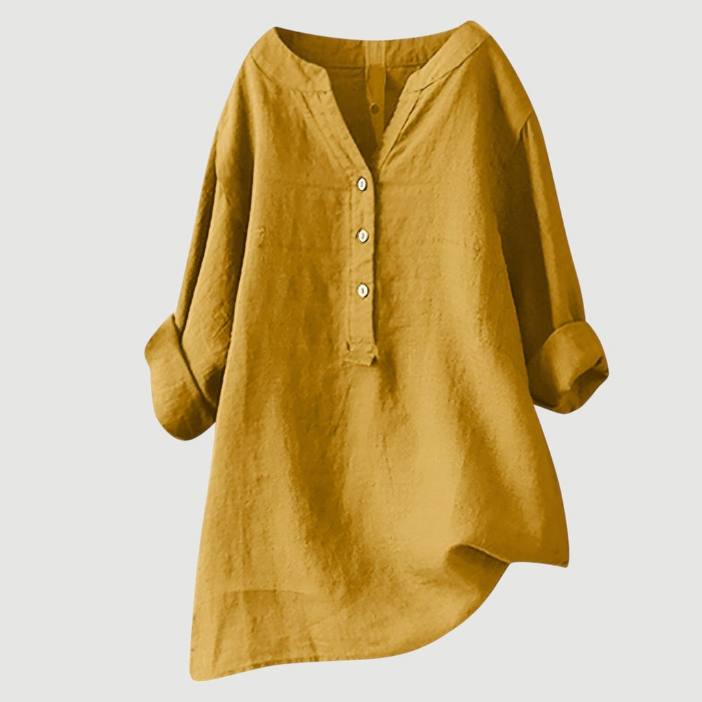 Women's Long Sleeve Shirt with V-Neckline and Partial Button Placket and Rolled Cuffs and High-Low Hem