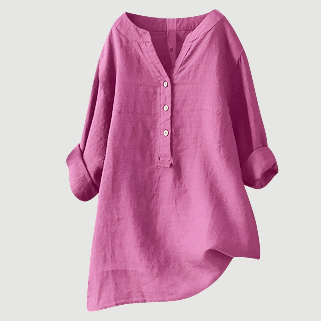 Women's Long Sleeve Shirt with V-Neckline and Partial Button Placket and Rolled Cuffs and High-Low Hem
