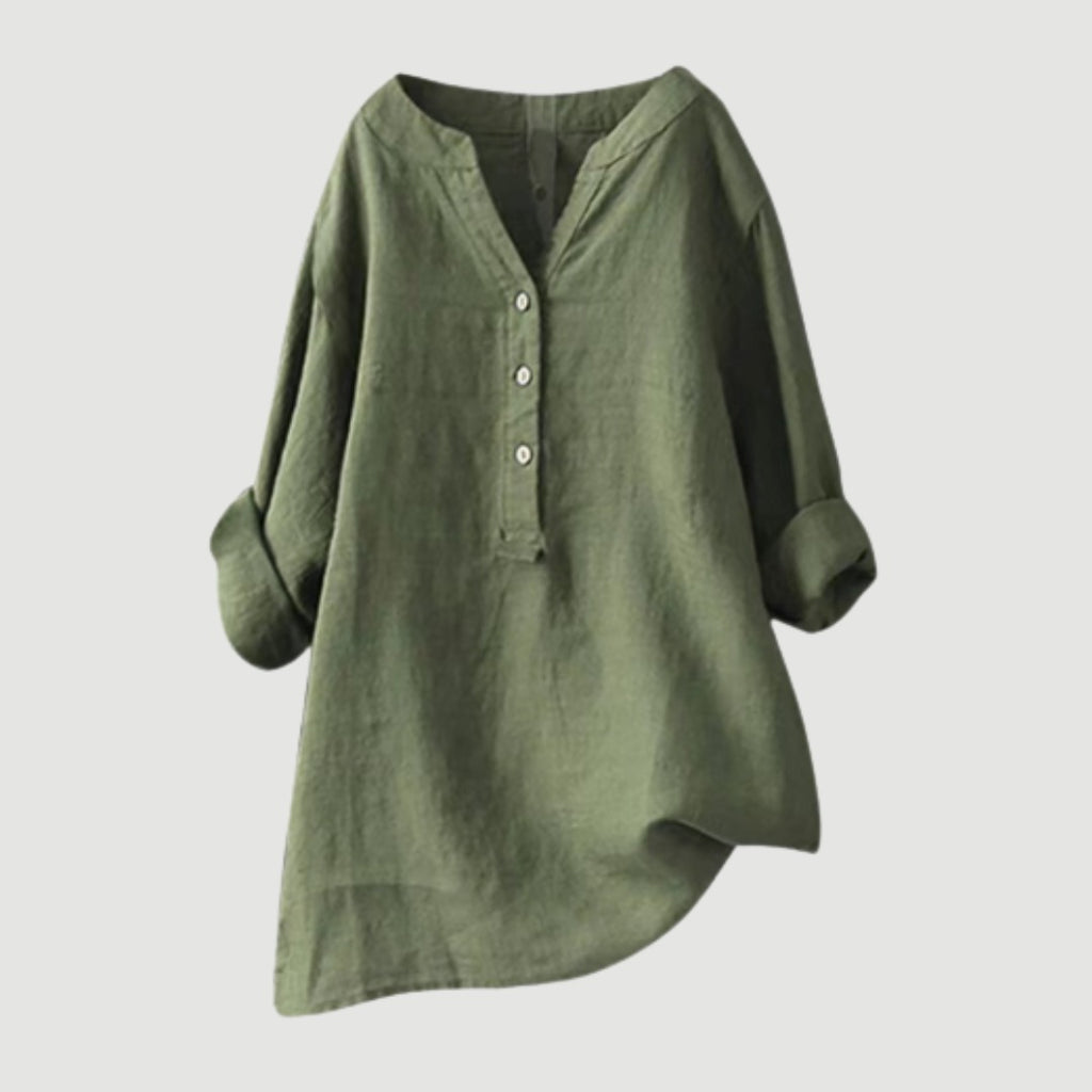 Women's Long Sleeve Shirt with V-Neckline and Partial Button Placket and Rolled Cuffs and High-Low Hem