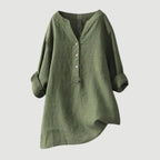 Women's Long Sleeve Shirt with V-Neckline and Partial Button Placket and Rolled Cuffs and High-Low Hem