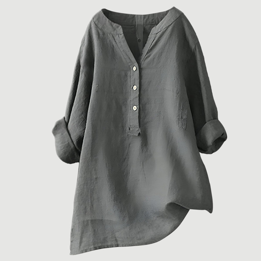 Women's Long Sleeve Shirt with V-Neckline and Partial Button Placket and Rolled Cuffs and High-Low Hem