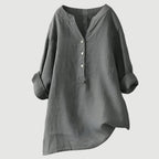 Women's Long Sleeve Shirt with V-Neckline and Partial Button Placket and Rolled Cuffs and High-Low Hem