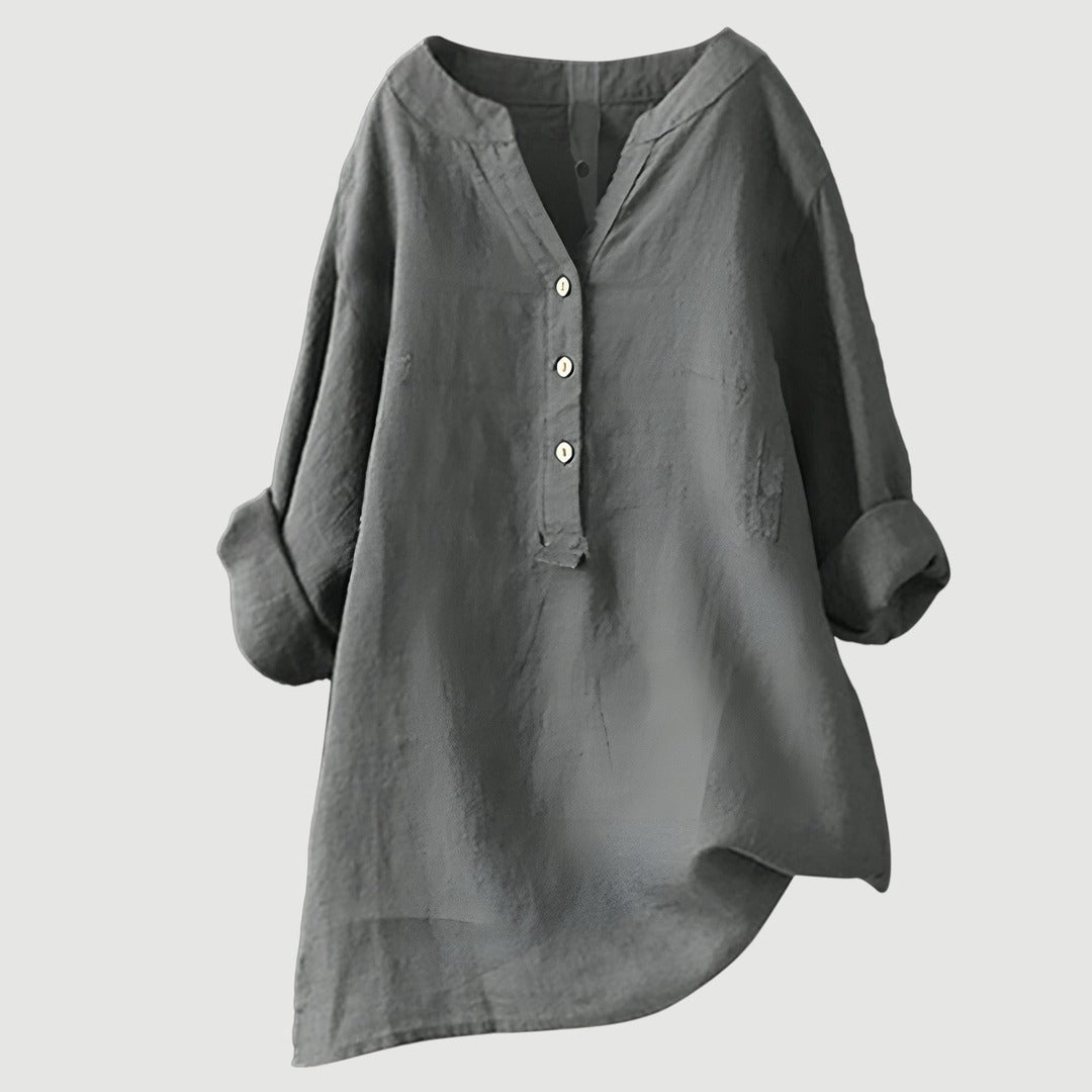 Women's Long Sleeve Shirt with V-Neckline and Partial Button Placket and Rolled Cuffs and High-Low Hem