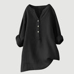 Women's Long Sleeve Shirt with V-Neckline and Partial Button Placket and Rolled Cuffs and High-Low Hem
