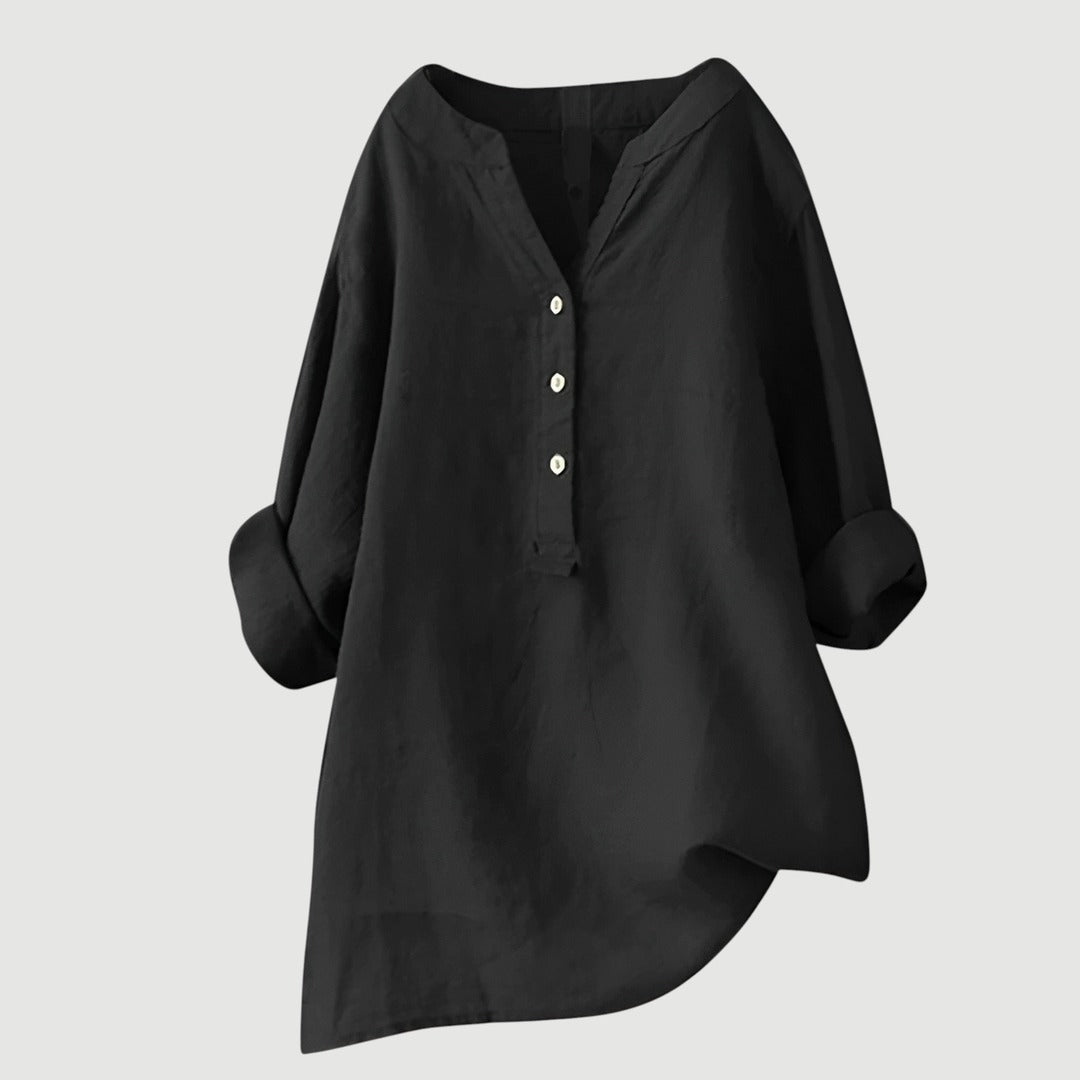 Women's Long Sleeve Shirt with V-Neckline and Partial Button Placket and Rolled Cuffs and High-Low Hem