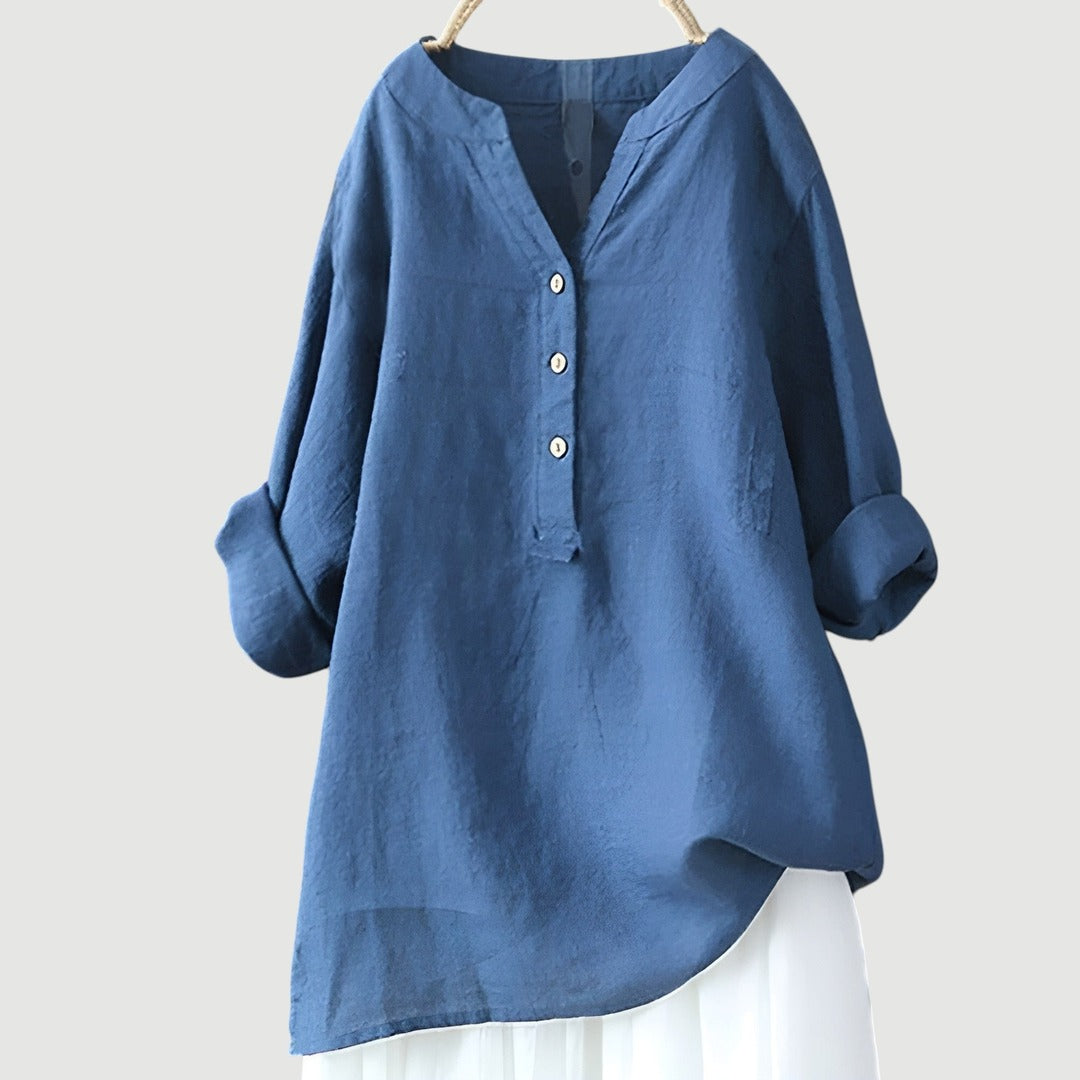 Women's Long Sleeve Shirt with V-Neckline and Partial Button Placket and Rolled Cuffs and High-Low Hem