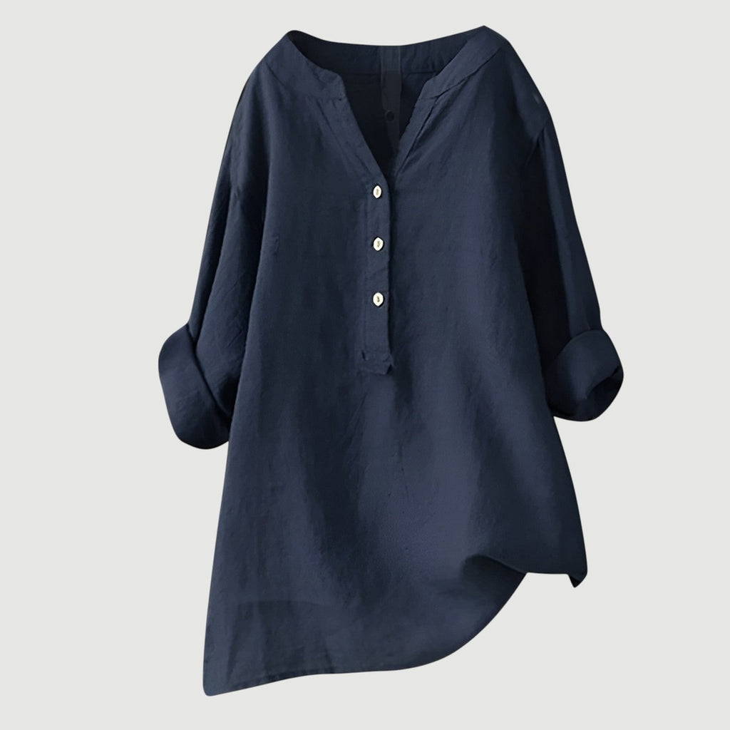 Women's Long Sleeve Shirt with V-Neckline and Partial Button Placket and Rolled Cuffs and High-Low Hem