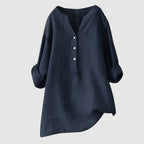 Women's Long Sleeve Shirt with V-Neckline and Partial Button Placket and Rolled Cuffs and High-Low Hem