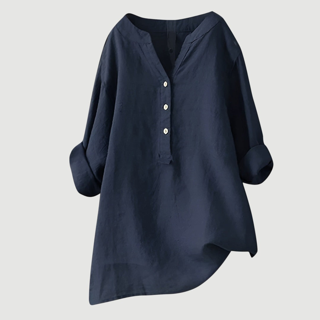 Women's Long Sleeve Shirt with V-Neckline and Partial Button Placket and Rolled Cuffs and High-Low Hem