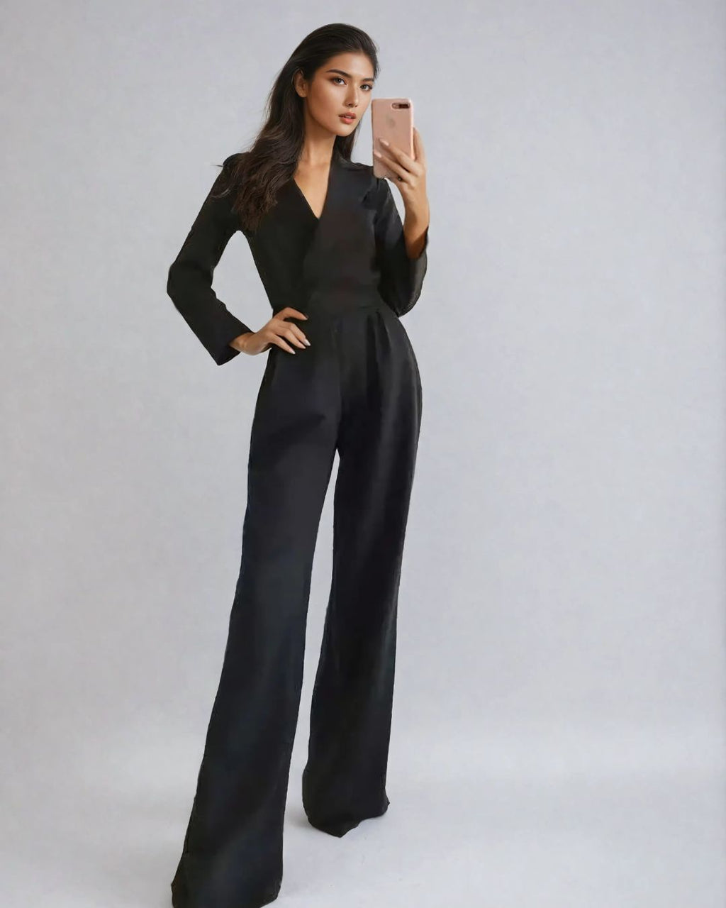 Women's Long Sleeve Wrap Front Jumpsuit with Lapel Collar and Wide Legs