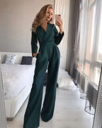 Women's Long Sleeve Wrap Front Jumpsuit with Lapel Collar and Wide Legs