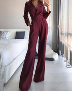 Women's Long Sleeve Wrap Front Jumpsuit with Lapel Collar and Wide Legs