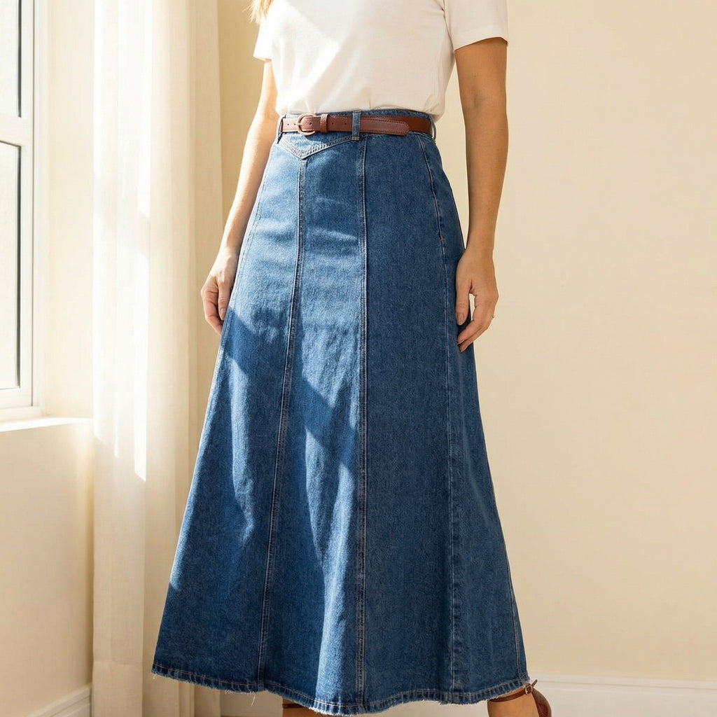 Women's Maxi A Line Skirt with High Waist and Panel Seams