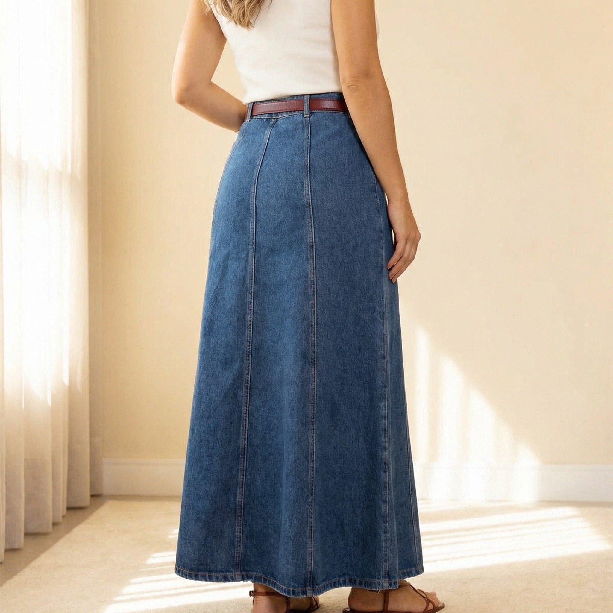 Women's Maxi A Line Skirt with High Waist and Panel Seams