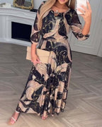 Women's Maxi Dress with Abstract Print Three-Quarter Sleeves and Elasticated Waist