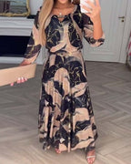 Women's Maxi Dress with Abstract Print Three-Quarter Sleeves and Elasticated Waist