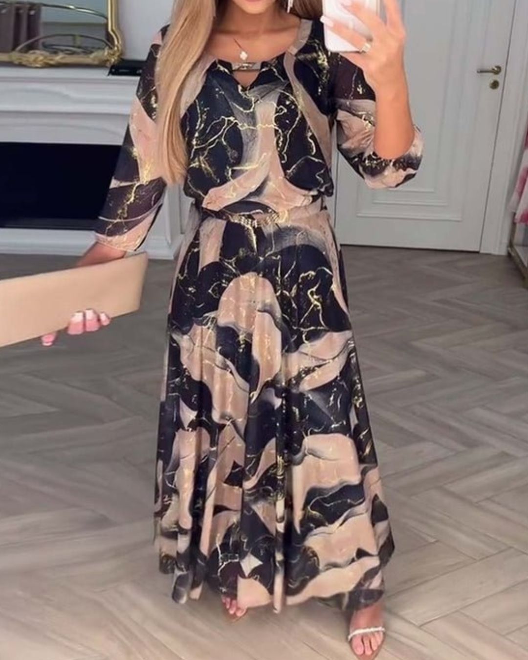 Women's Maxi Dress with Abstract Print Three-Quarter Sleeves and Elasticated Waist