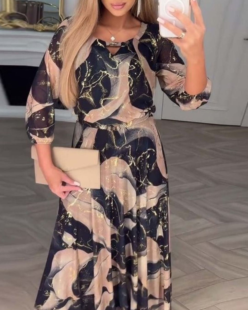 Women's Maxi Dress with Abstract Print Three-Quarter Sleeves and Elasticated Waist