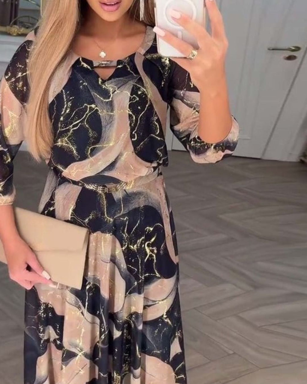 Women's Maxi Dress with Abstract Print Three-Quarter Sleeves and Elasticated Waist