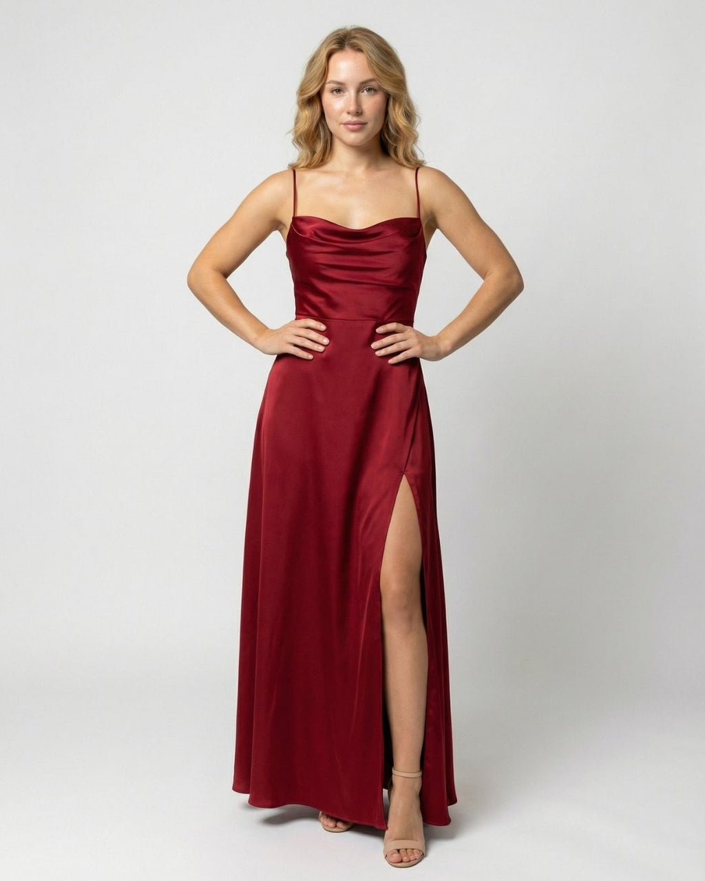 Women's Maxi Dress with Cowl Neckline Spaghetti Straps Lace-Up Back and Front Slit