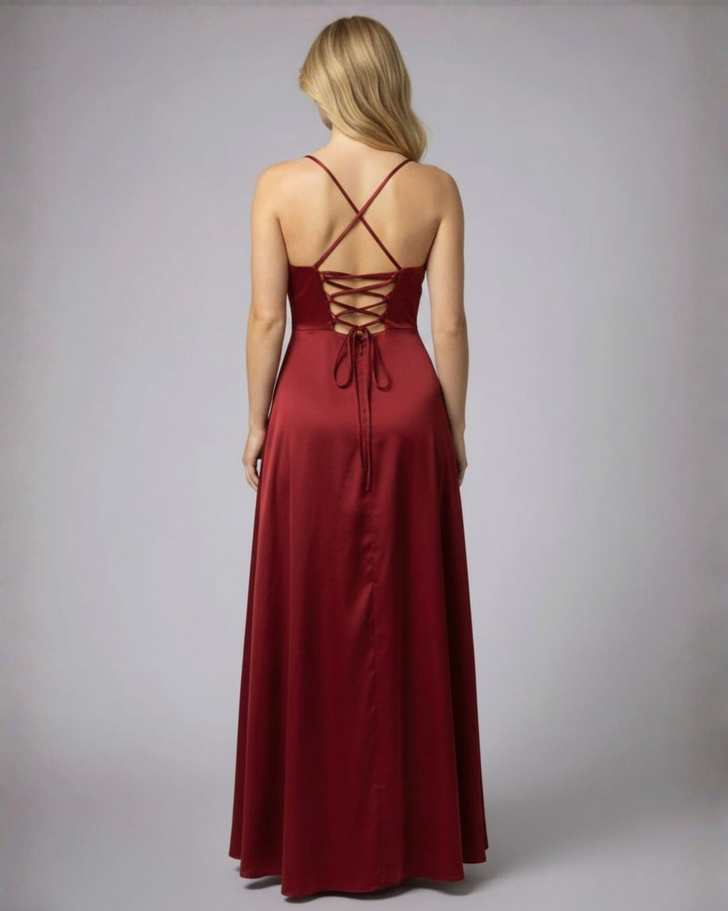 Women's Maxi Dress with Cowl Neckline Spaghetti Straps Lace-Up Back and Front Slit